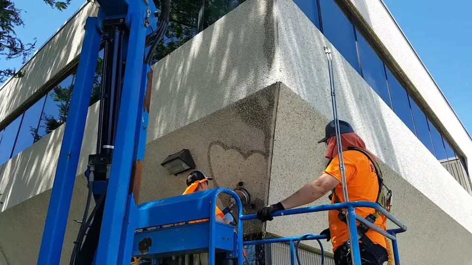 Revive crew washing a commercial building from a lift